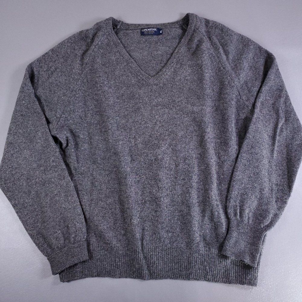 Vtg Puritan 100% Lambswool Sweater Mens XL Gray Pullover V Neck Made in USA